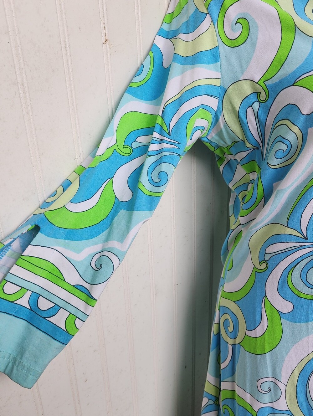 Barbara Gerwit Knit V Neck long sleeve Blue Green Geometric Dress Cotton Women L - Picture 7 of 14